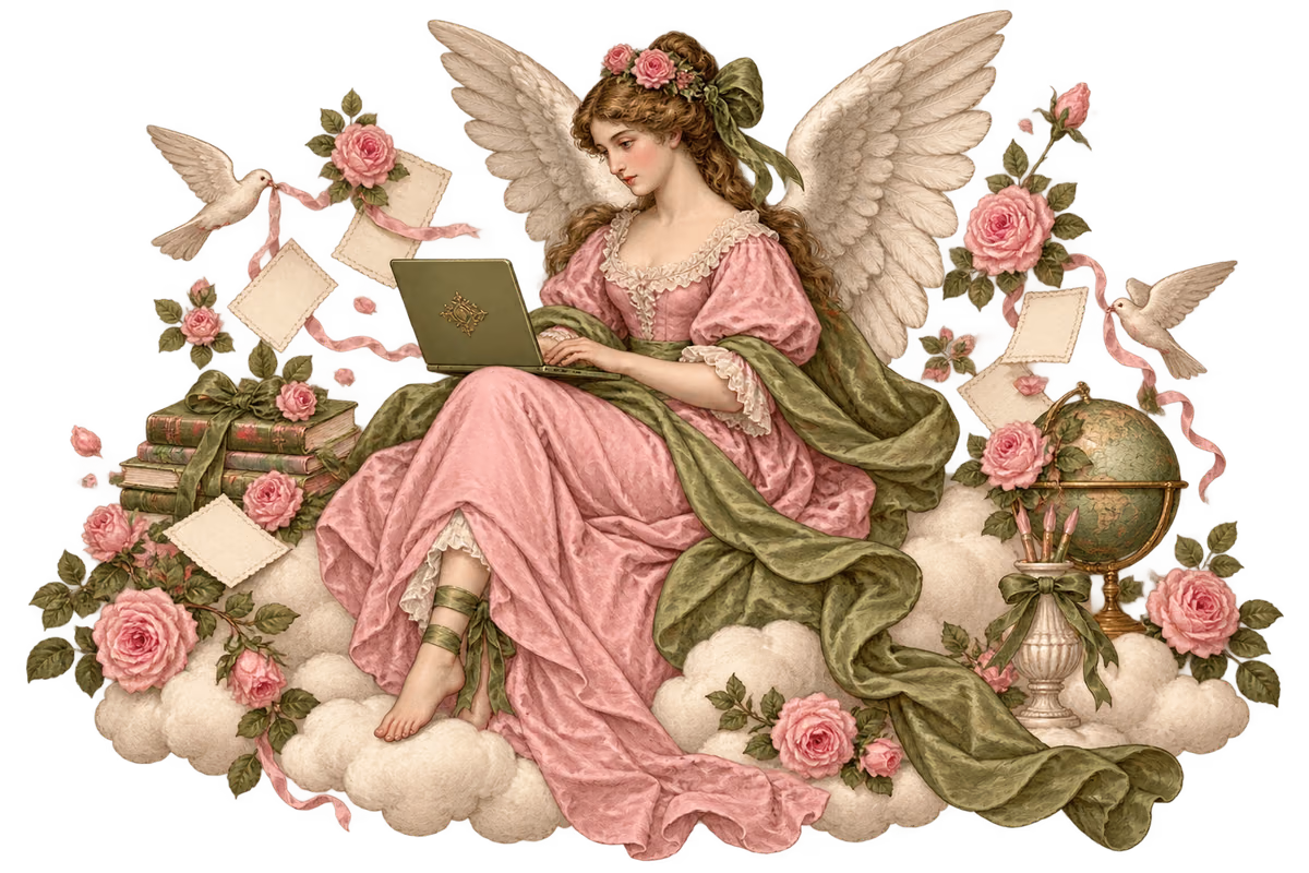 Musa alada de inspiración vintage creando contenido en un portátil entre nubes y rosas