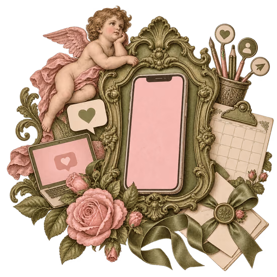 Teléfono en un marco vintage junto a un calendario de publicaciones