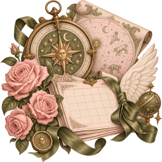 Brújula y calendario editorial entre flores, símbolo de estrategia