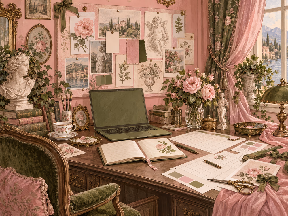 Ilustración de un estudio creativo vintage con portátil, calendario de contenidos y papelería rosa y verde